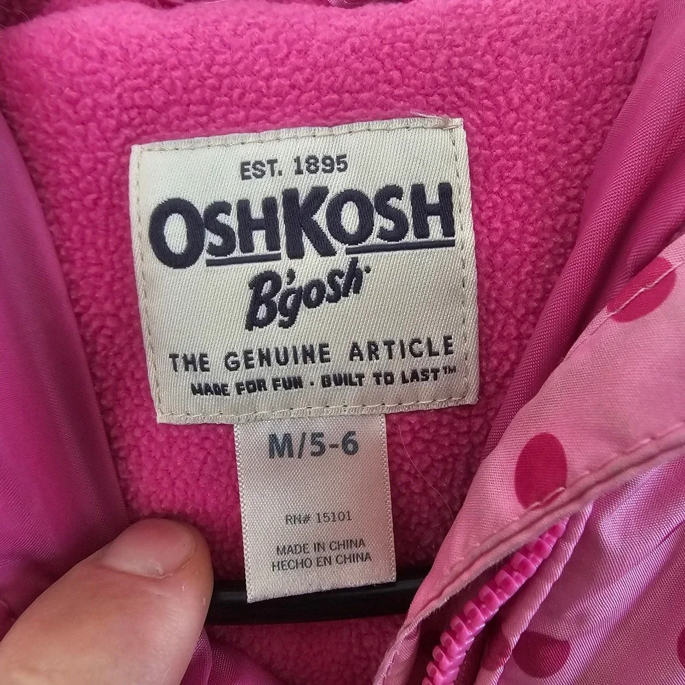 OshKosh Bgosh Girls Pink Polka Dot‎ Puffer Jacket Fleece Lined Hooded Coat M 5-6